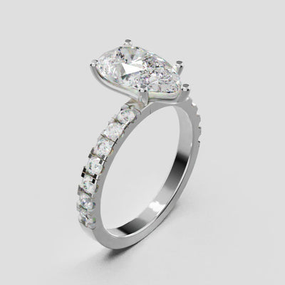 Corrente, 2ct pear lab grown diamond engagement ring, 2.0mm Pave, 5 Prongs, 18K white gold - turning