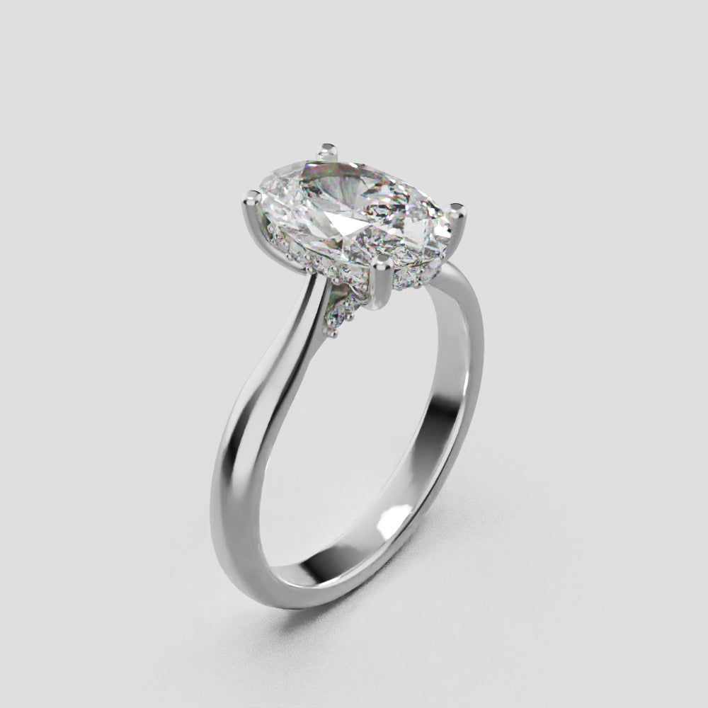 Volta, 1.5ct oval lab grown diamond engagement ring, Cathedral Hidden Halo Bridge, 18K white gold - turning