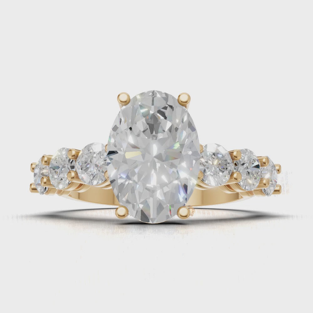 Delta, 2ct oval lab grown diamond engagement ring, 3.5mm Side Stones, 18K yellow gold - turning