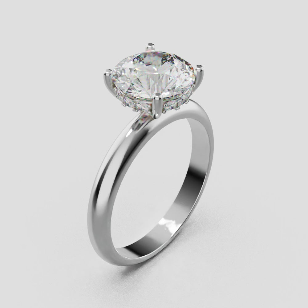 Segreto, 2ct round lab grown diamond engagement ring, Plain Sides, Hidden Halo, 4 Prongs, 18K white gold - turning