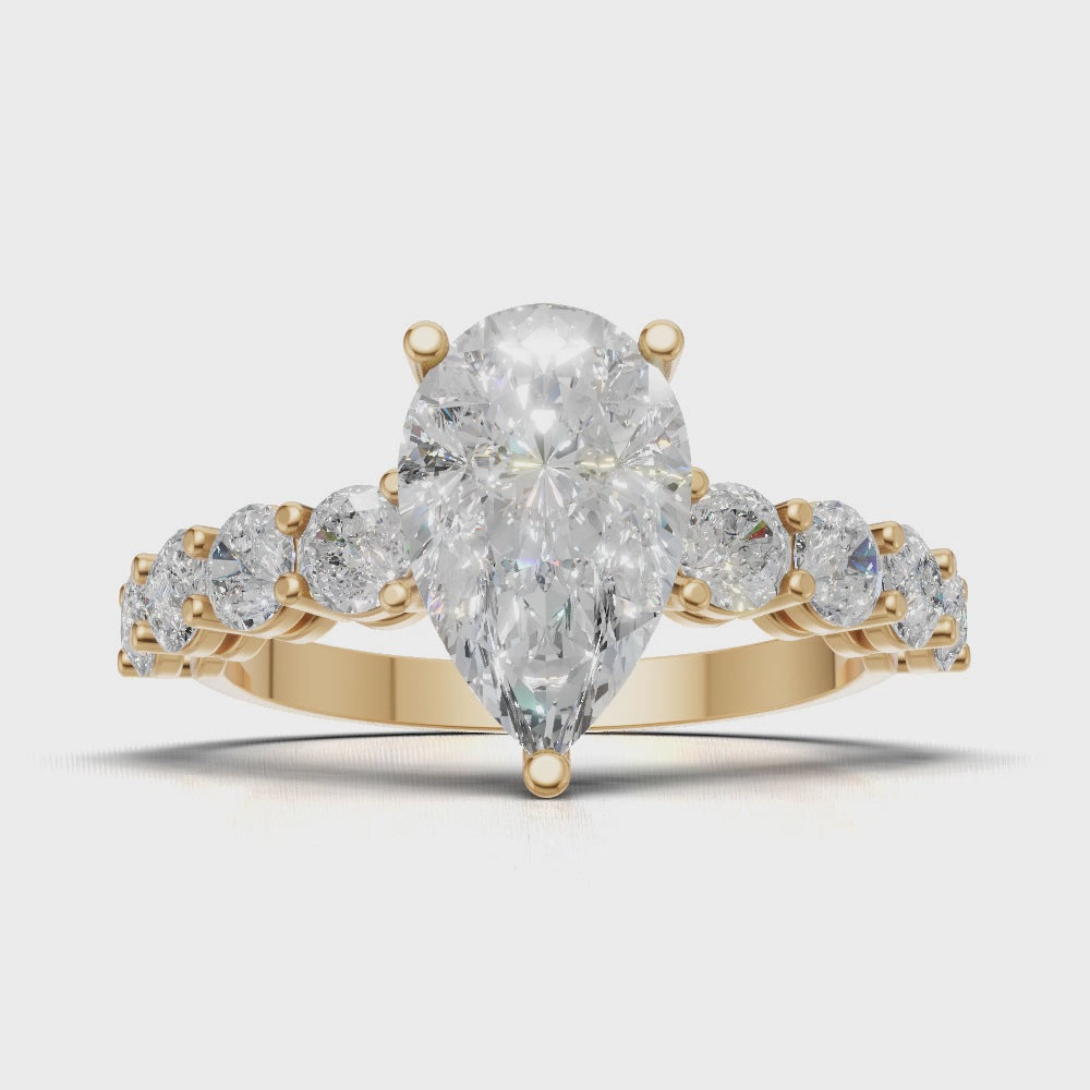 Lacrima, 1.5ct pear lab grown diamond engagement ring, 3mm Side Stones, 18K yellow gold - turning