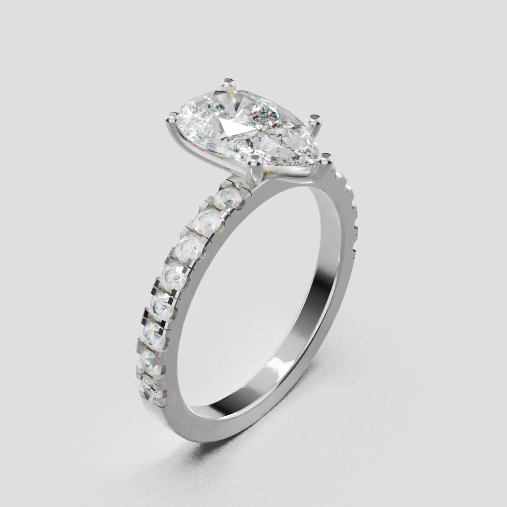 Brezza, 1.5ct pear lab grown diamond engagement ring, 1.8mm Pave, 5 Prongs, 18K white gold - turning