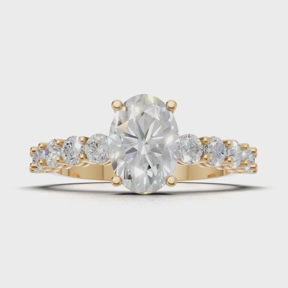 Rivo, 1ct oval lab grown diamond engagement ring, 2.5mm Side Stones, 18K yellow gold - turning