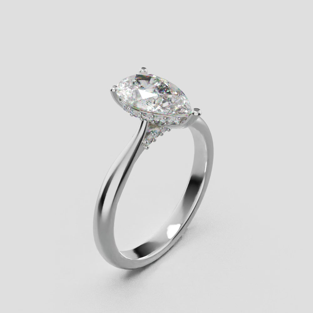 Campanile, 1ct pear lab grown diamond engagement ring, Cathedral Hidden Halo Bridge, 18K white gold - turning