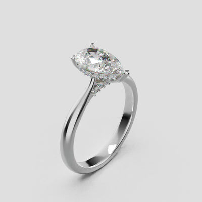 Campanile, 1ct pear lab grown diamond engagement ring, Cathedral Hidden Halo Bridge, 18K white gold - turning