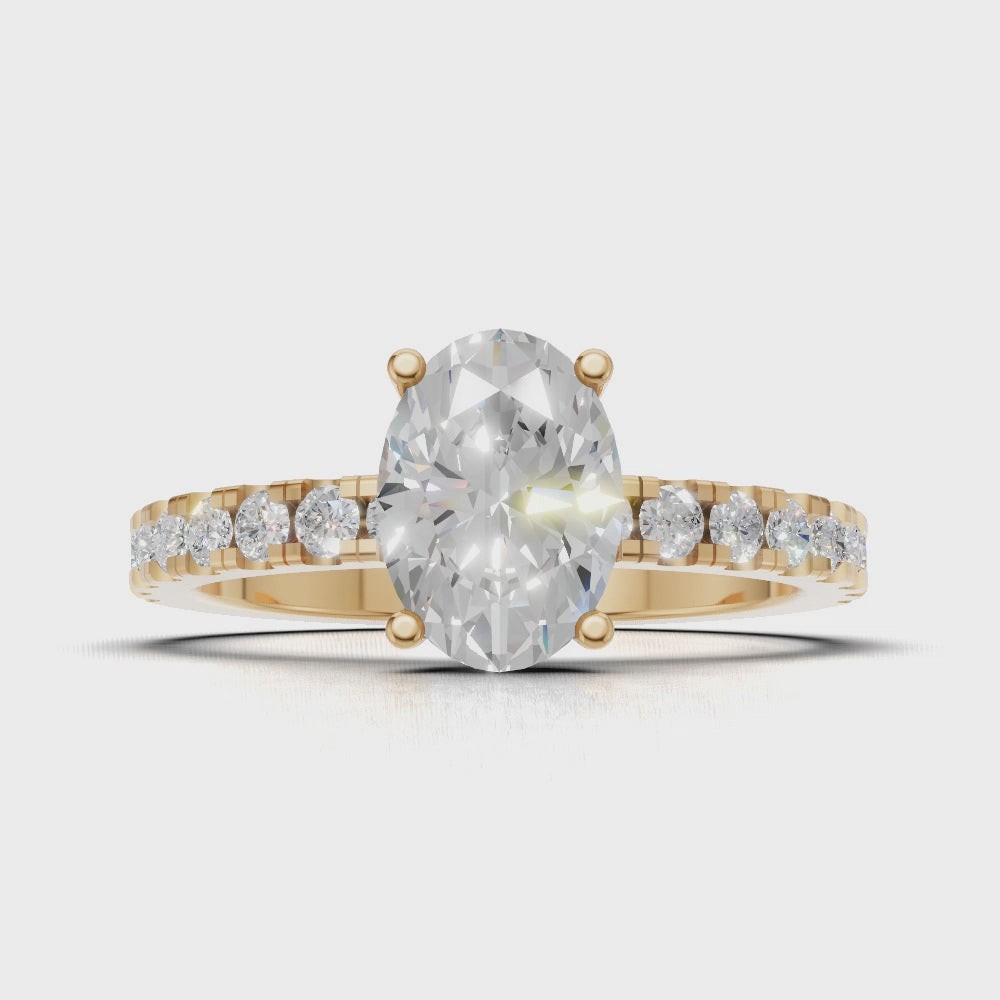 Foschia, 1ct oval lab grown diamond engagement ring, 1.8mm Pave, Hidden Halo, 18K yellow gold - turning