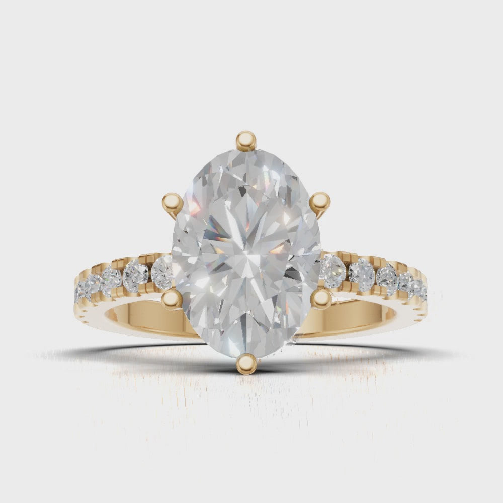 Pioggia, 2ct oval lab grown diamond engagement ring, 1.8mm Pave, 6 Prongs, 18K yellow gold - turning