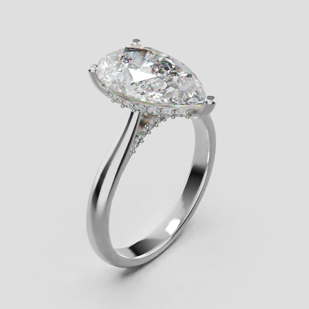 Campanile, 3ct pear lab grown diamond engagement ring, Cathedral Hidden Halo Bridge, 18K white gold - turning