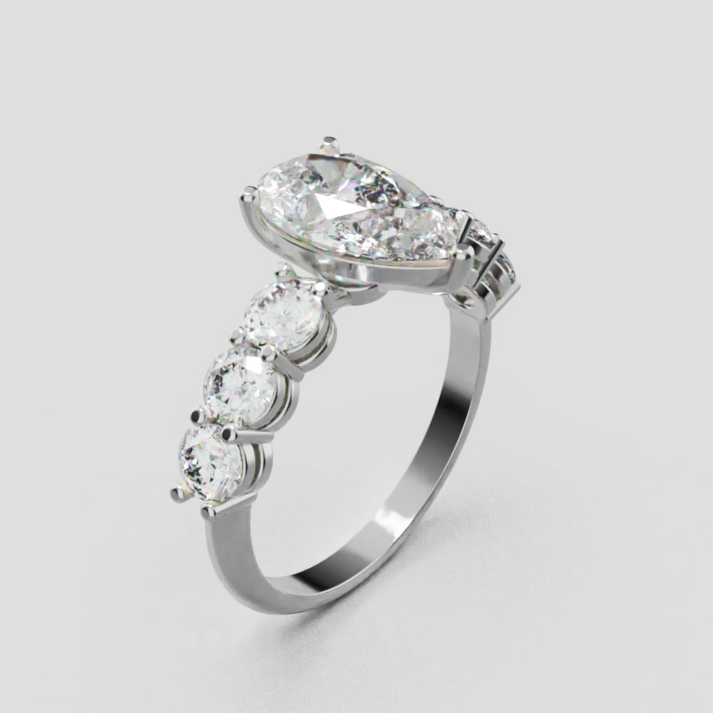 Cascata, 1.5ct pear lab grown diamond engagement ring, 3.5mm Side Stones, 18K white gold - turning