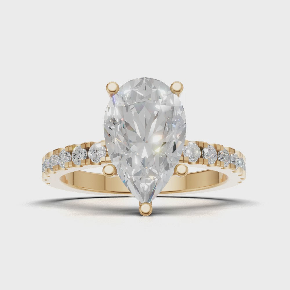 Brezza, 2ct pear lab grown diamond engagement ring, 1.8mm Pave, 5 Prongs, 18K yellow gold - turning