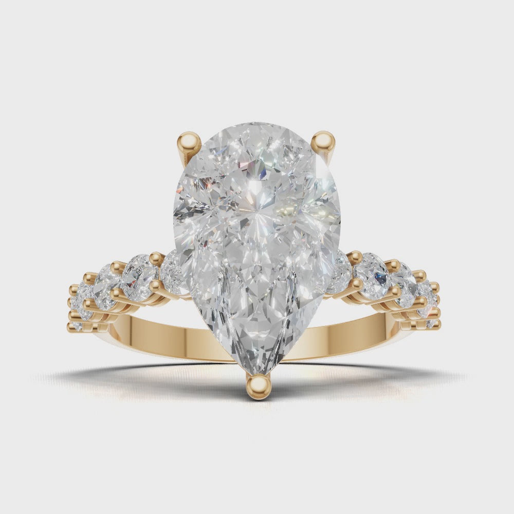Stilla, 3ct pear lab grown diamond engagement ring, 2.5mm Side Stones, 18K yellow gold - turning