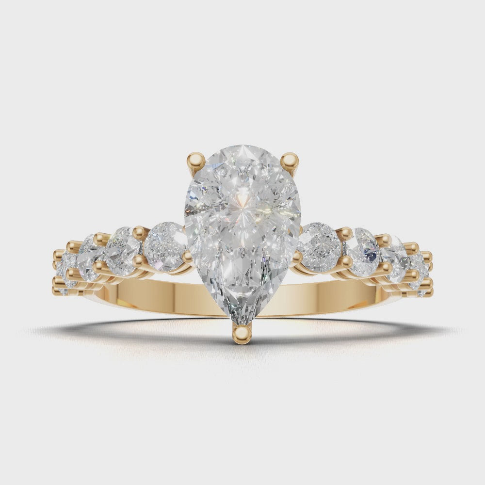 Stilla, 1ct pear lab grown diamond engagement ring, 2.5mm Side Stones, 18K yellow gold - turning