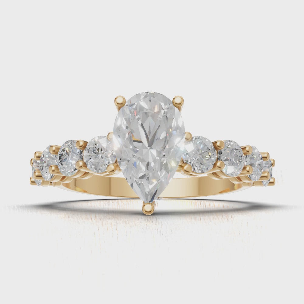Lacrima, 1ct pear lab grown diamond engagement ring, 3mm Side Stones, 18K yellow gold - turning