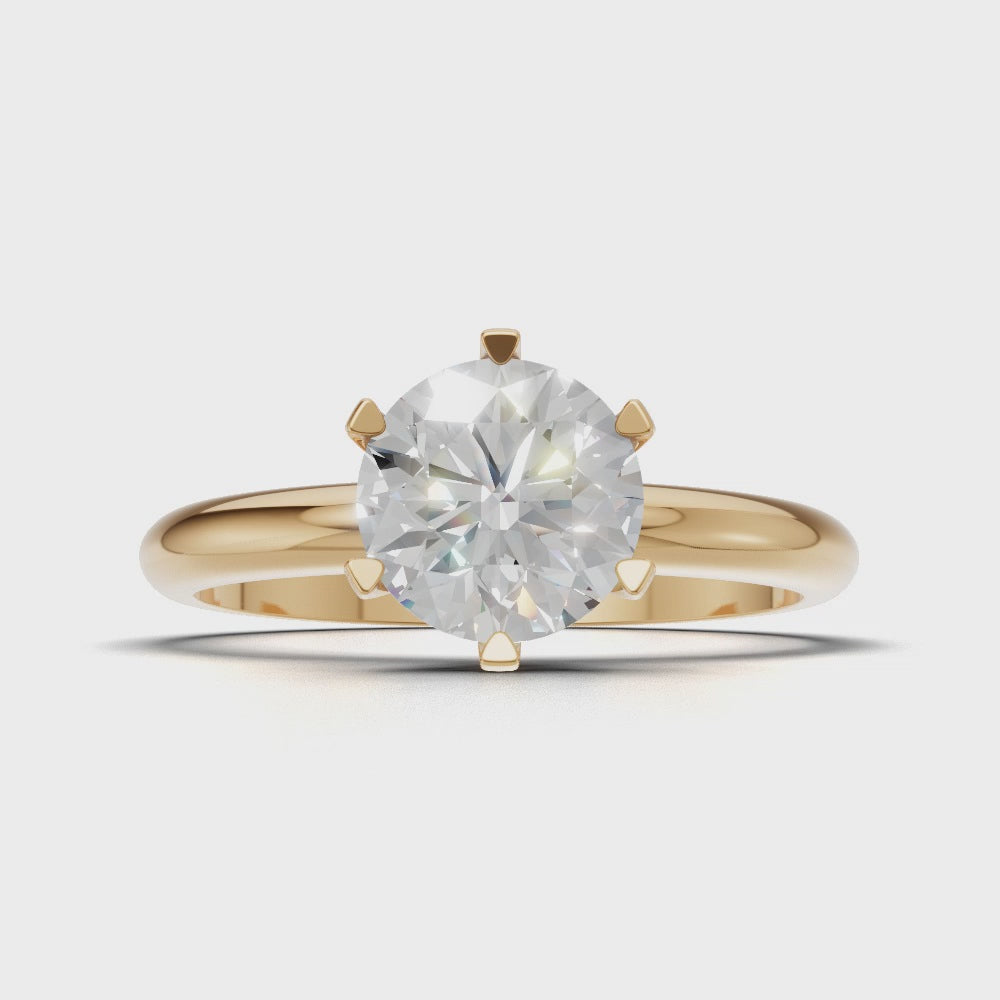 Retta, 1ct round lab grown diamond engagement ring, Plain Sides, 6 Prongs, Fixed Width, 18K yellow gold - turning