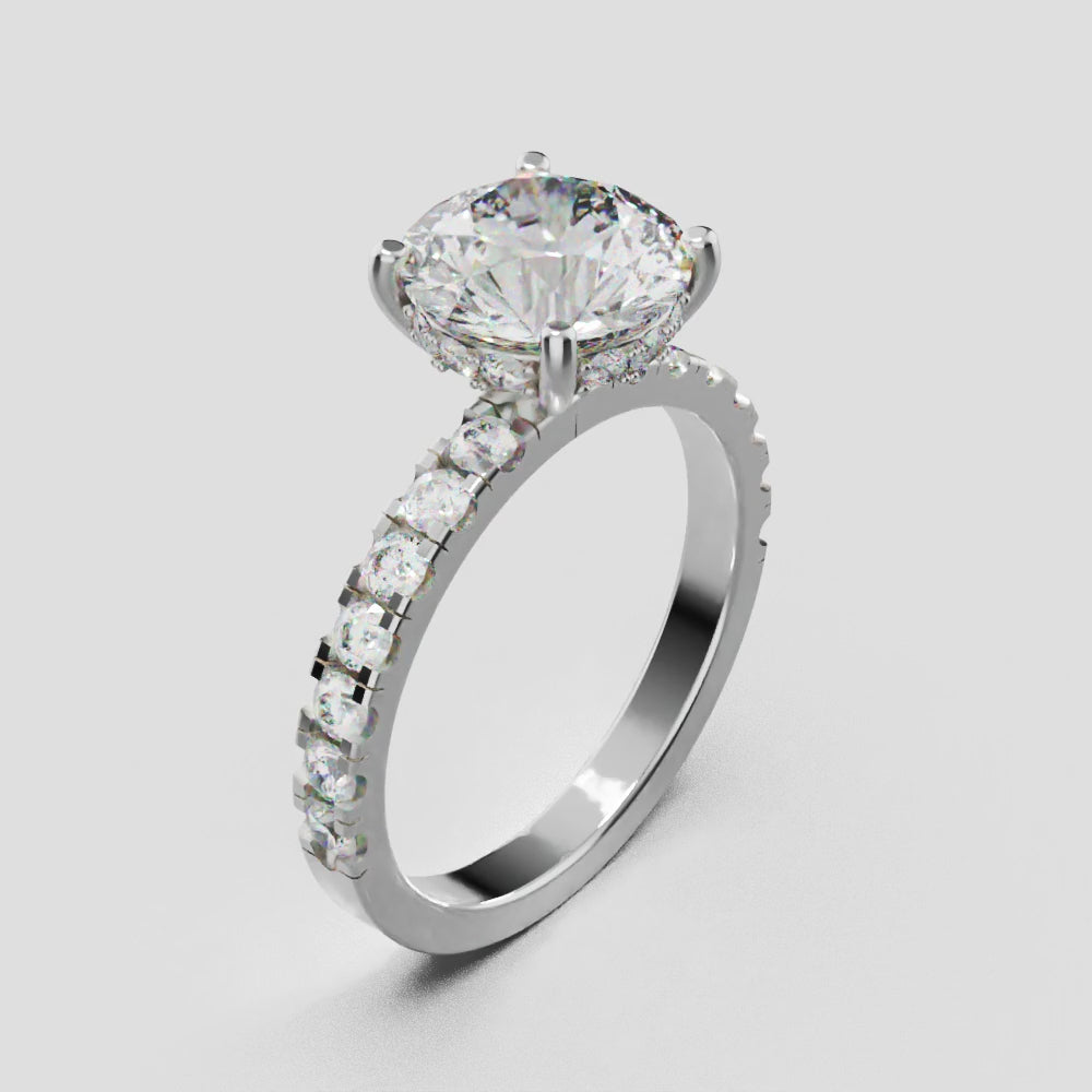 Nimbo, 2ct round lab grown diamond engagement ring, 2.0mm Pave, Hidden Halo, 4 Prongs, 18K white gold - turning