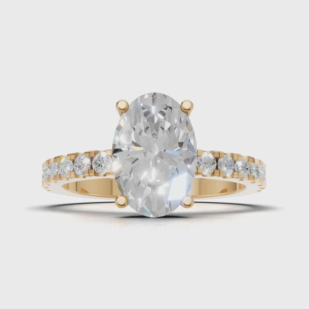 Foschia, 1.5ct oval lab grown diamond engagement ring, 1.8mm Pave, Hidden Halo, 18K yellow gold - turning