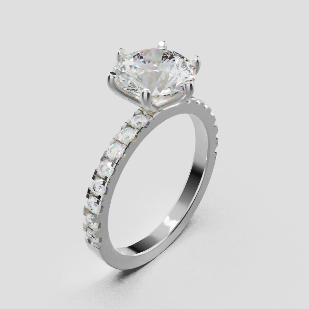 Rugiada, 2ct round lab grown diamond engagement ring, 1.8mm Pave, 6 Prongs, 18K white gold - turning