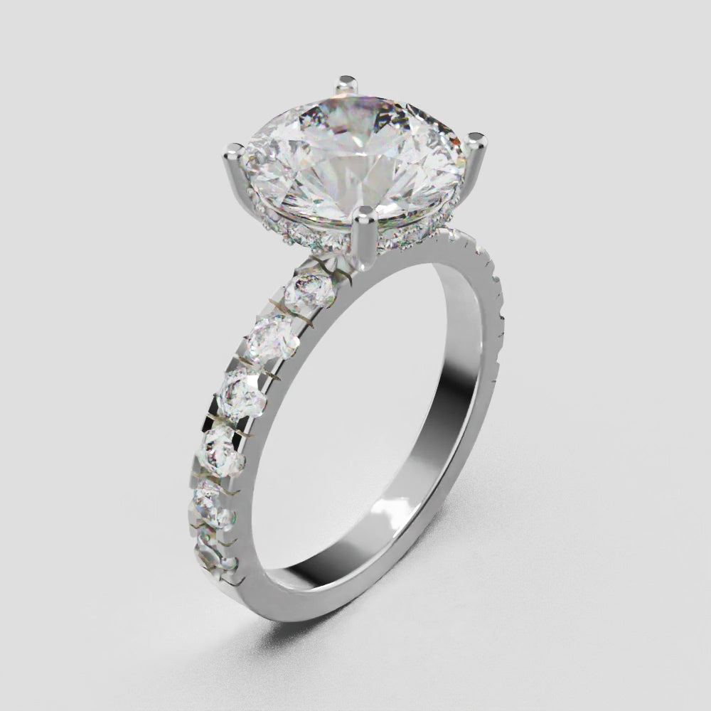 Eclissi, 3ct round lab grown diamond engagement ring, 2.3mm Pave, Hidden Halo, 18K white gold - turning