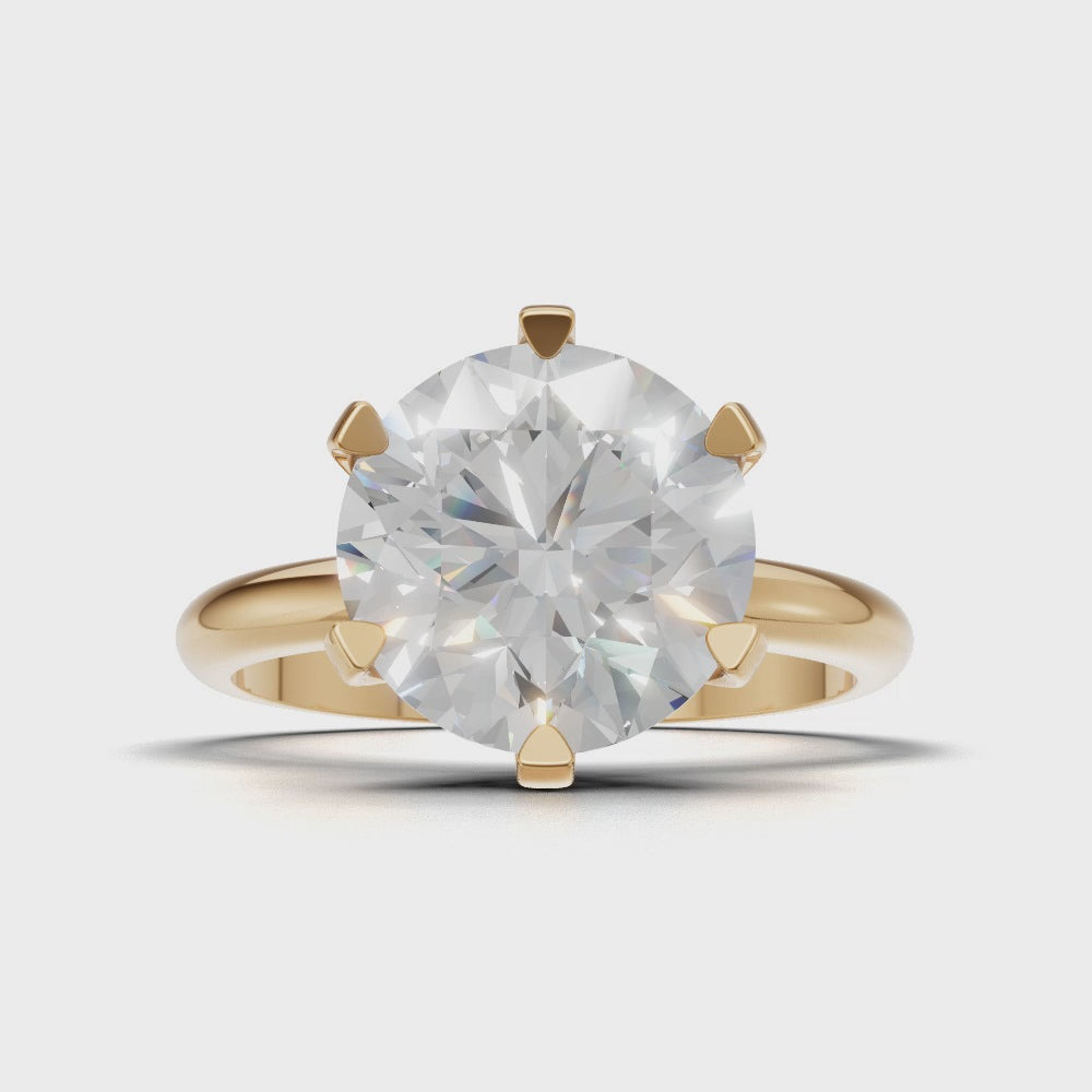 Sei Stelle, 3ct round lab grown diamond engagement ring, Plain Sides, 6 Prongs, 18K yellow gold - turning