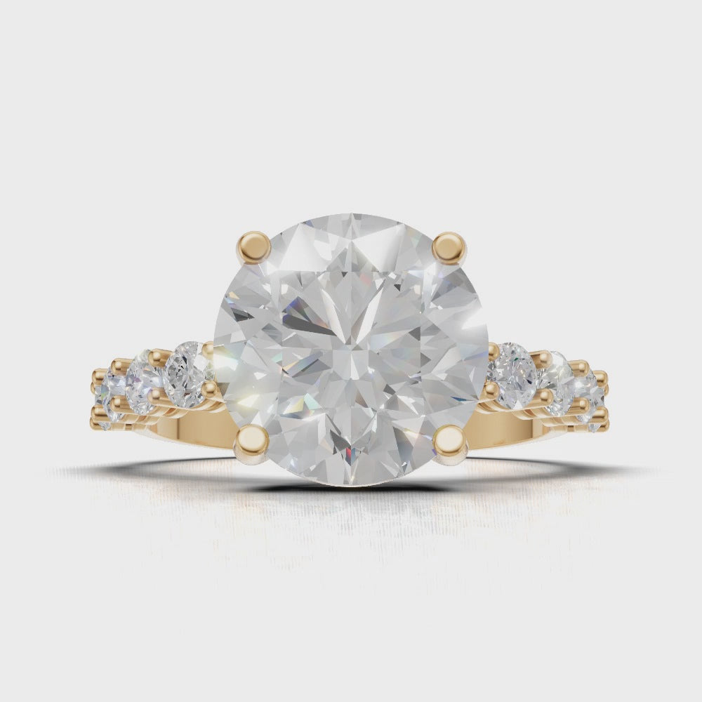 Sentiero, 3ct round lab grown diamond engagement ring, 2.5mm Side Stones, 18K yellow gold - turning