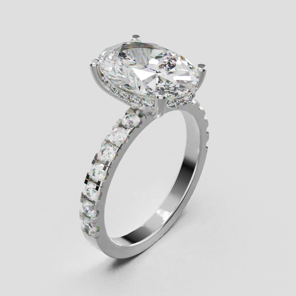 Penombra, 3ct oval lab grown diamond engagement ring, 2.0mm Pave, Hidden Halo, 18K white gold - turning