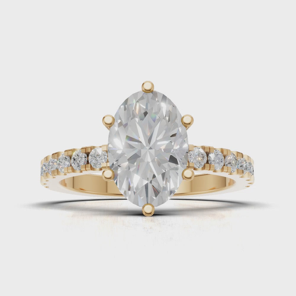 Pioggia, 1.5ct oval lab grown diamond engagement ring, 1.8mm Pave, 6 Prongs, 18K yellow gold - turning