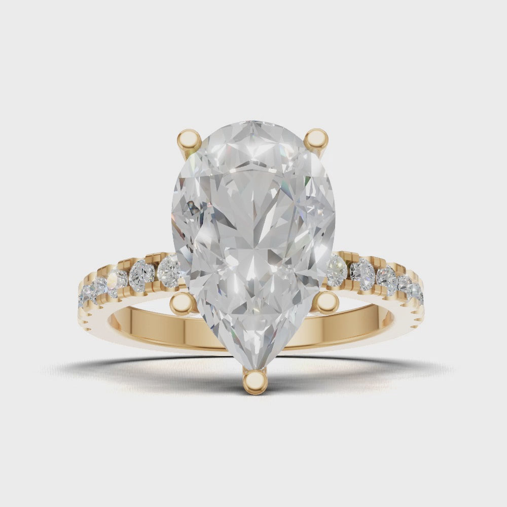 Brezza, 3ct pear lab grown diamond engagement ring, 1.8mm Pave, 5 Prongs, 18K yellow gold - turning