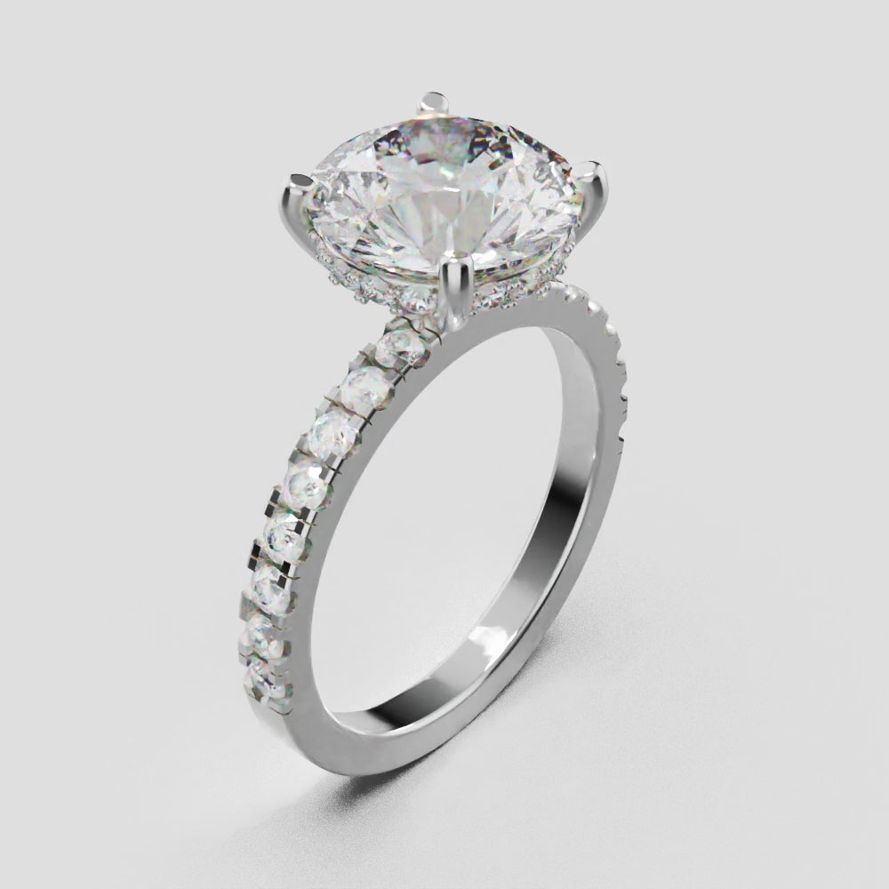 Brina, 3ct round lab grown diamond engagement ring, 1.8mm Pave, Hidden Halo, 4 Prongs, 18K white gold - turning