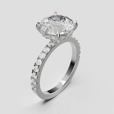 Brina, 3ct round lab grown diamond engagement ring, 1.8mm Pave, Hidden Halo, 4 Prongs, 18K white gold - turning