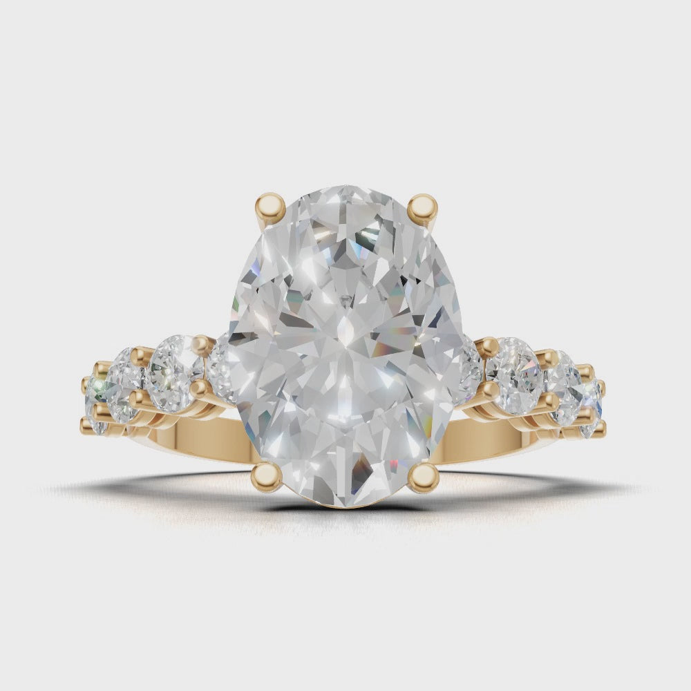 Fiume, 3ct oval lab grown diamond engagement ring, 3mm Side Stones, 18K yellow gold - turning
