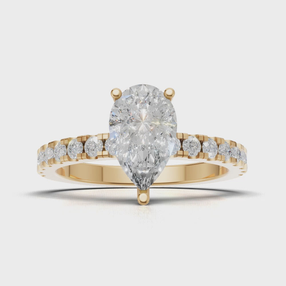 Sussurro, 1ct pear lab grown diamond engagement ring, 1.8mm Pave, Hidden Halo, 18K yellow gold - turning