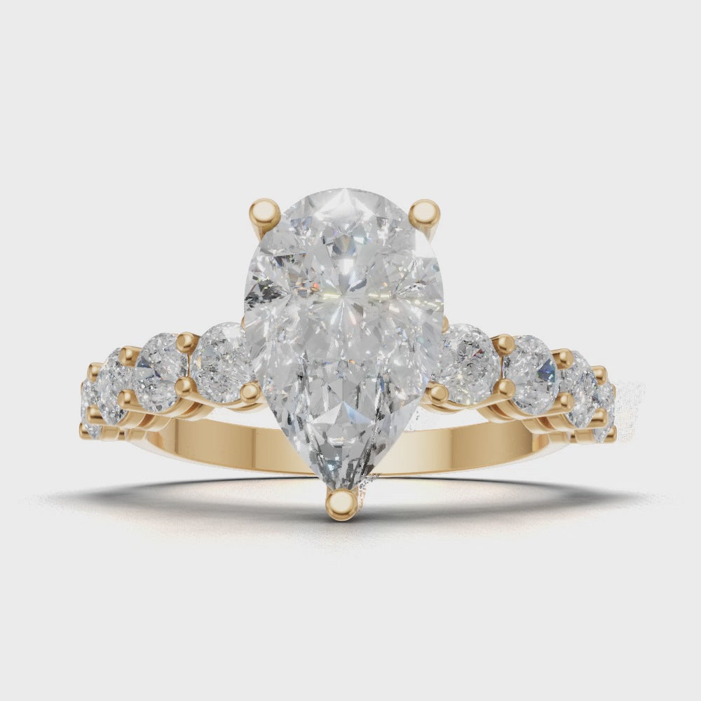 Lacrima, 2ct pear lab grown diamond engagement ring, 3mm Side Stones, 18K yellow gold - turning