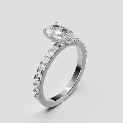 Sussurro, 1ct pear lab grown diamond engagement ring, 1.8mm Pave, Hidden Halo, 18K white gold - turning