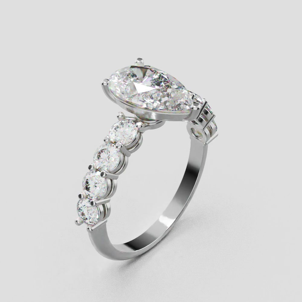 Lacrima, 1.5ct pear lab grown diamond engagement ring, 3mm Side Stones, 18K white gold - turning