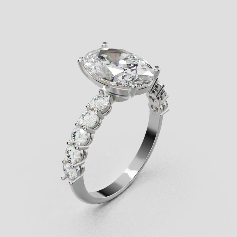 Rivo, 2ct oval lab grown diamond engagement ring, 2.5mm Side Stones, 18K white gold - turning