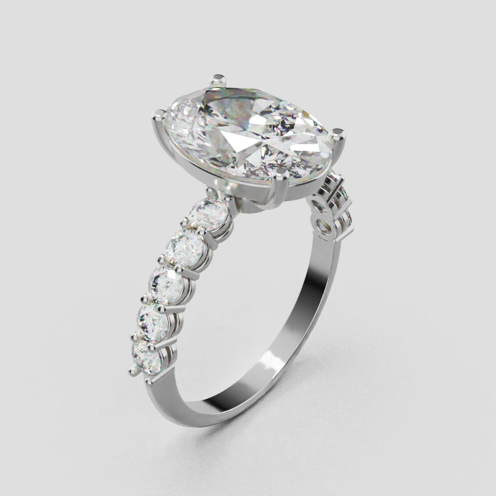 Rivo, 3ct oval lab grown diamond engagement ring, 2.5mm Side Stones, 18K white gold - turning
