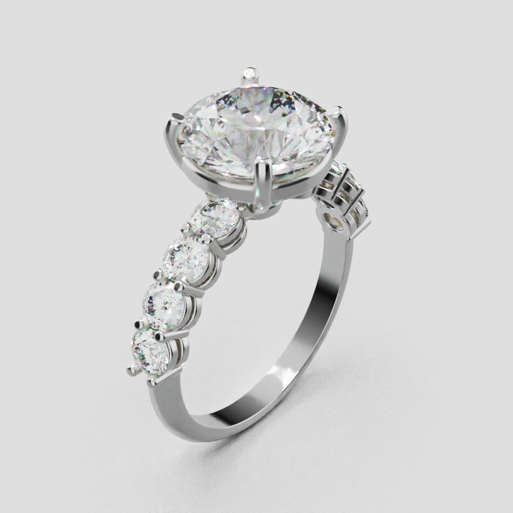 Viale, 3ct round lab grown diamond engagement ring, 3mm Side Stones, 18K white gold - turning