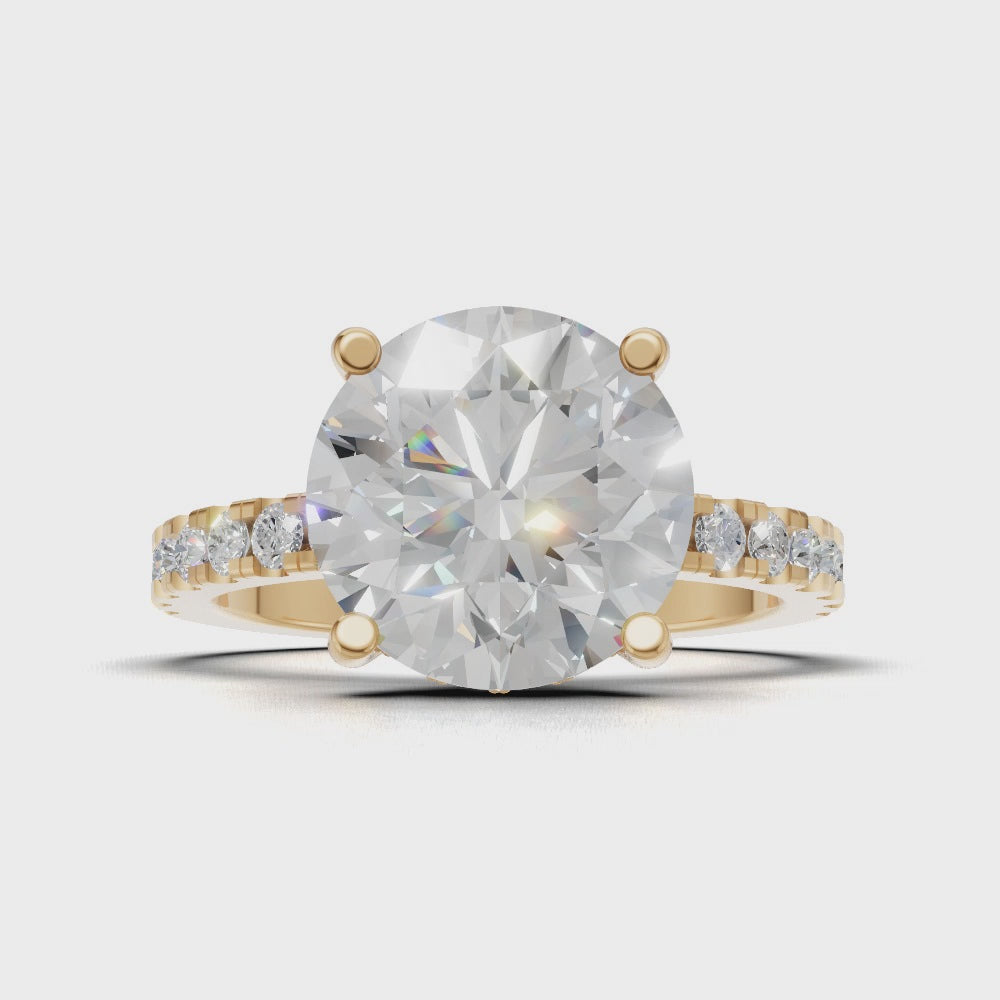 Brina, 3ct round lab grown diamond engagement ring, 1.8mm Pave, Hidden Halo, 4 Prongs, 18K yellow gold - turning