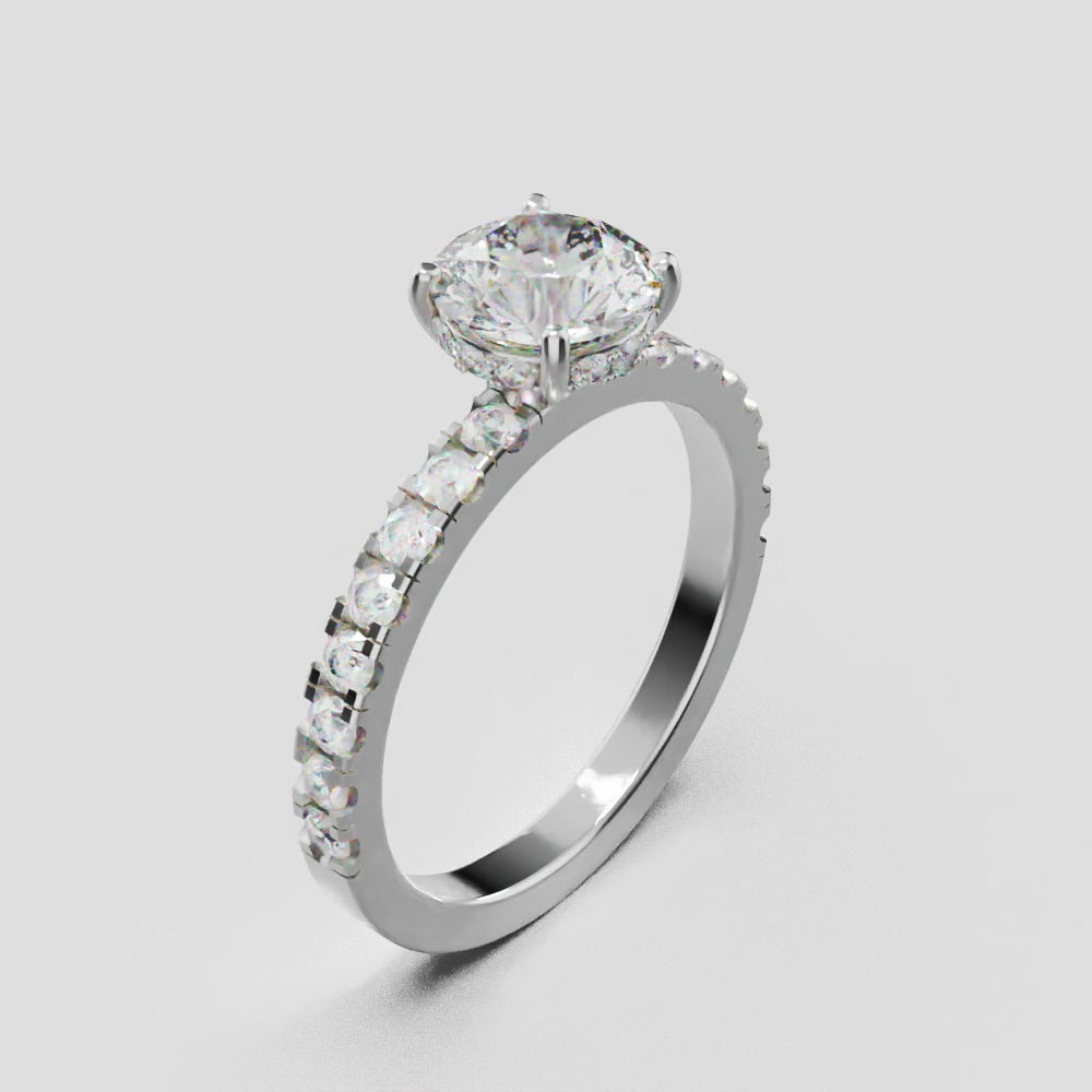 Brina, 1ct round lab grown diamond engagement ring, 1.8mm Pave, Hidden Halo, 4 Prongs, 18K white gold - turning