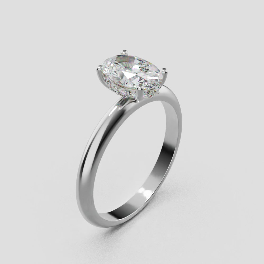 Riserbo, 1ct oval lab grown diamond engagement ring, Plain Sides, Hidden Halo, 18K white gold - turning