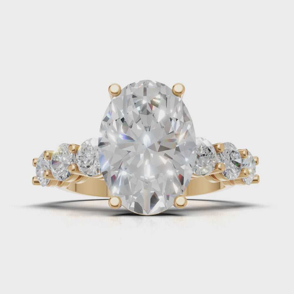 Delta, 3ct oval lab grown diamond engagement ring, 3.5mm Side Stones, 18K yellow gold - turning