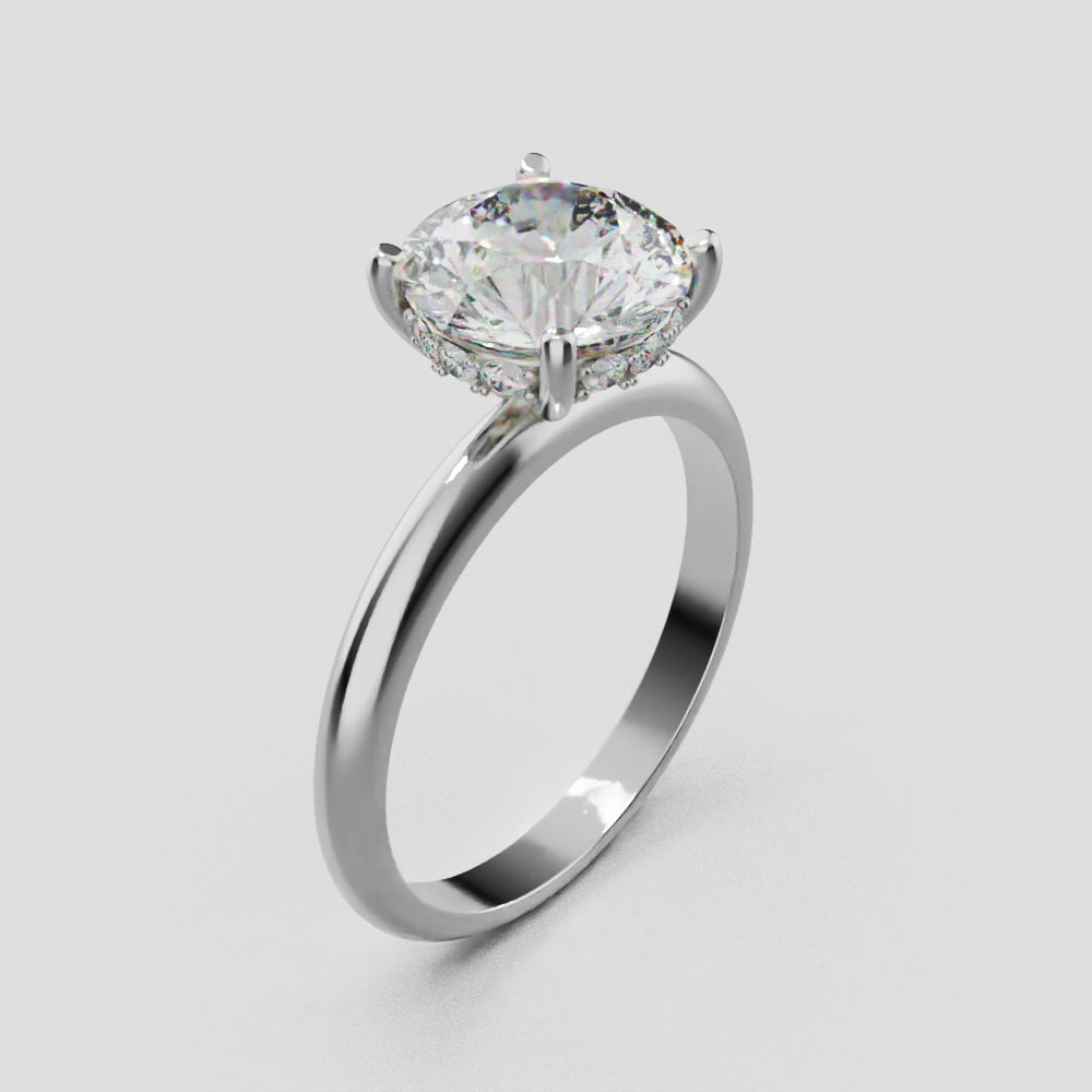 Costante, 2ct round lab grown diamond engagement ring, Plain Sides, Hidden Halo, 4 Prongs, Fixed Width, 18K white gold - turning
