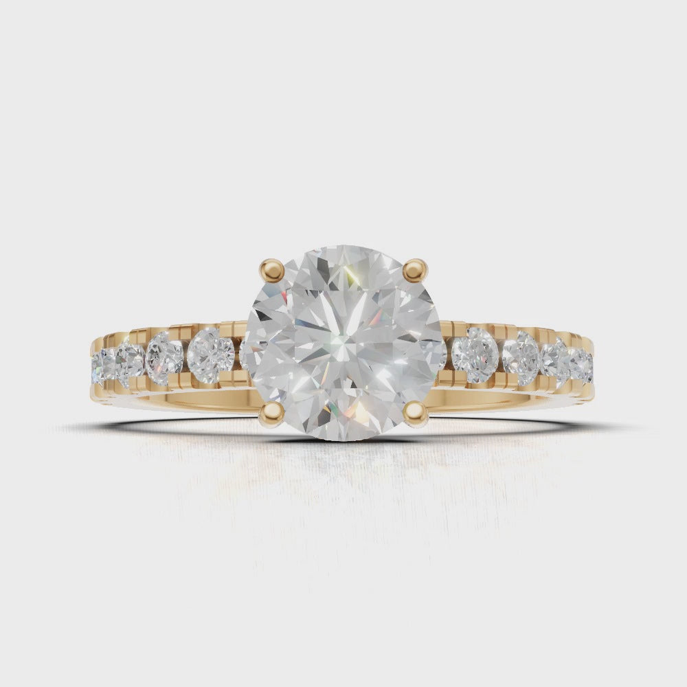 Nimbo, 1ct round lab grown diamond engagement ring, 2.0mm Pave, Hidden Halo, 4 Prongs, 18K yellow gold - turning