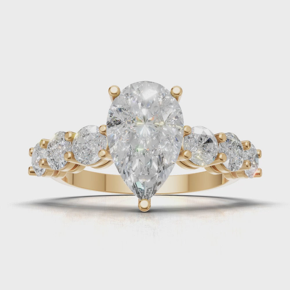 Cascata, 1.5ct pear lab grown diamond engagement ring, 3.5mm Side Stones, 18K yellow gold - turning