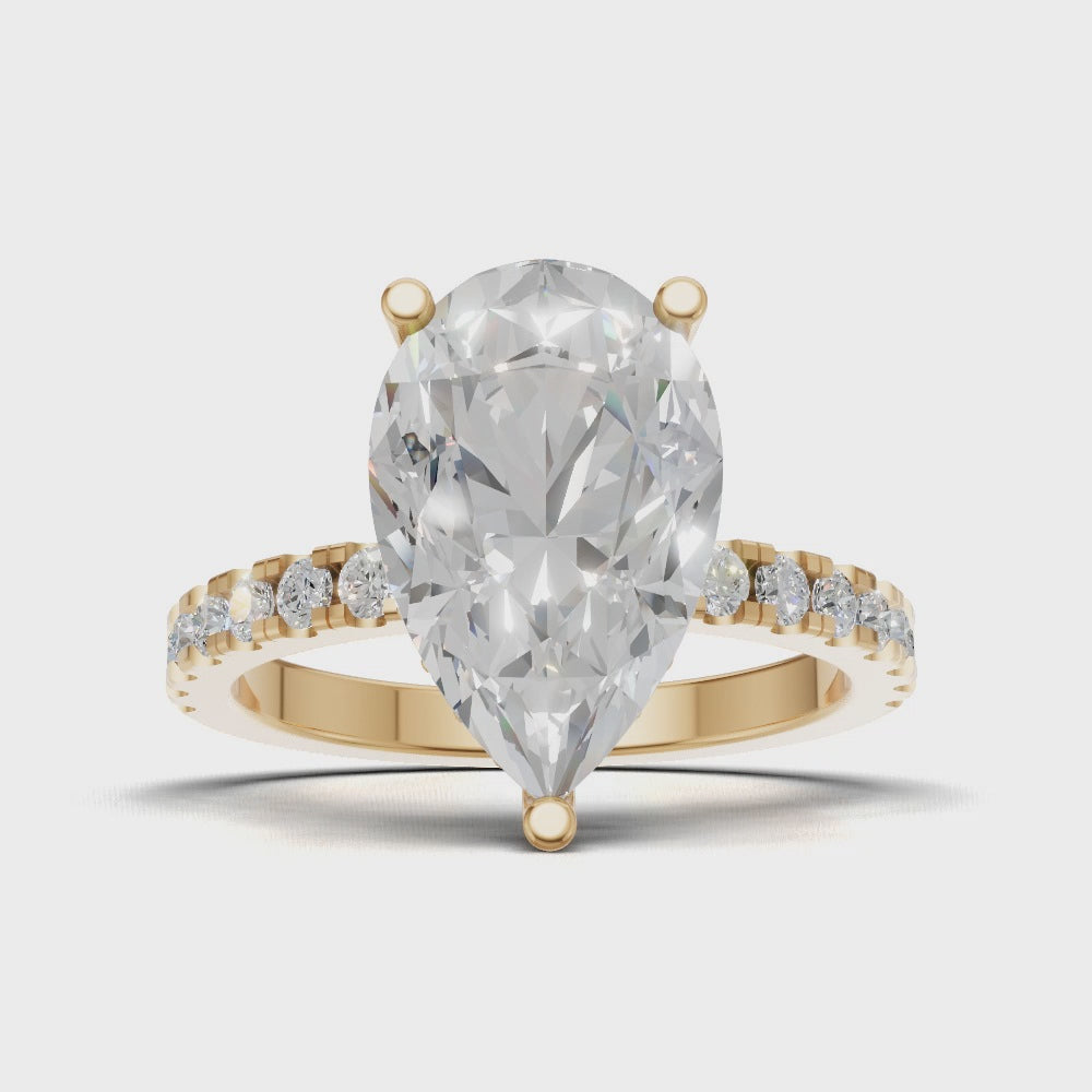 Sussurro, 3ct pear lab grown diamond engagement ring, 1.8mm Pave, Hidden Halo, 18K yellow gold - turning