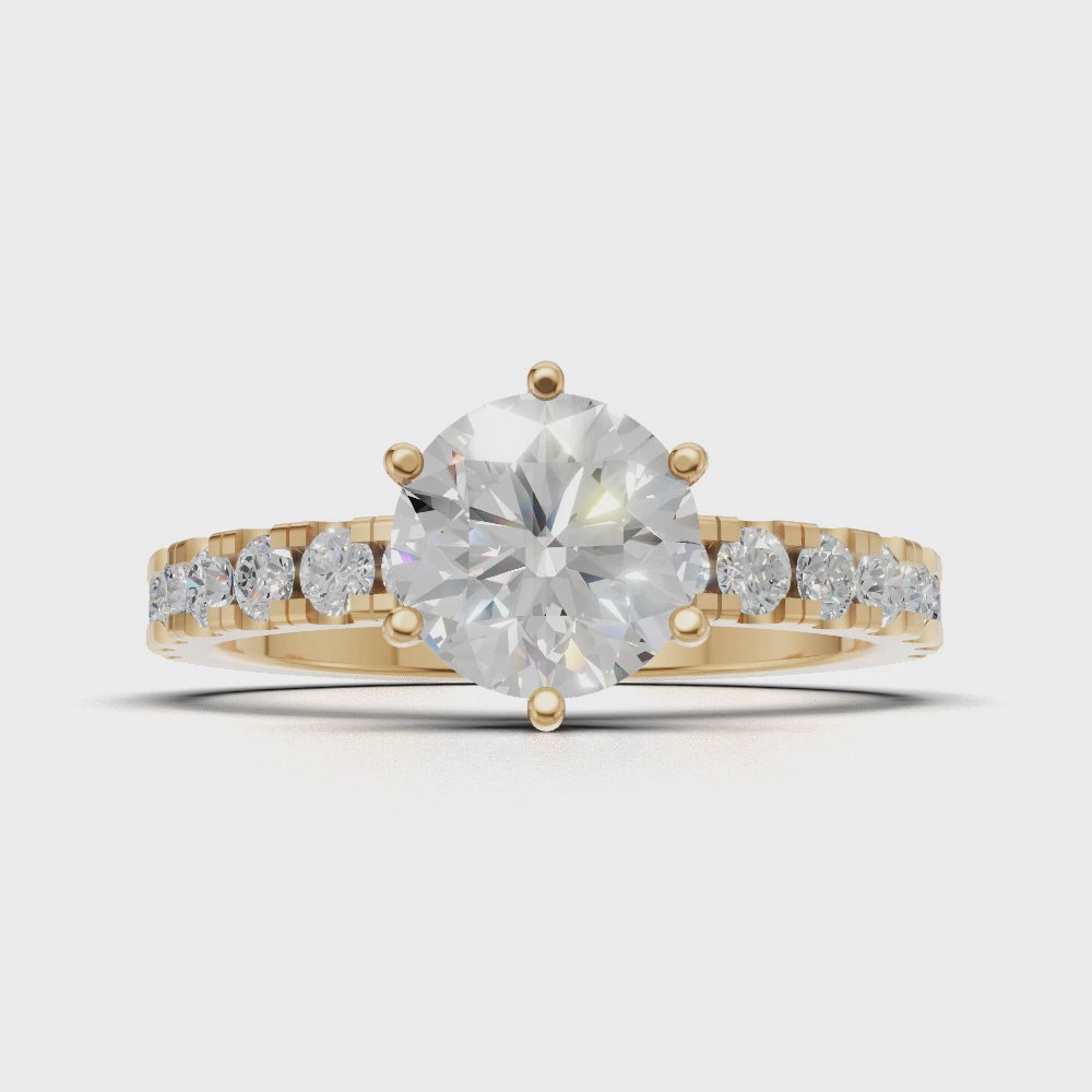 Selciato, 1ct round lab grown diamond engagement ring, 2.0mm Pave, 6 Prongs, 18K yellow gold - turning