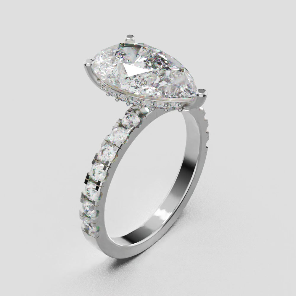 Alcova, 3ct pear lab grown diamond engagement ring, 2.0mm Pave, Hidden Halo, 18K white gold - turning