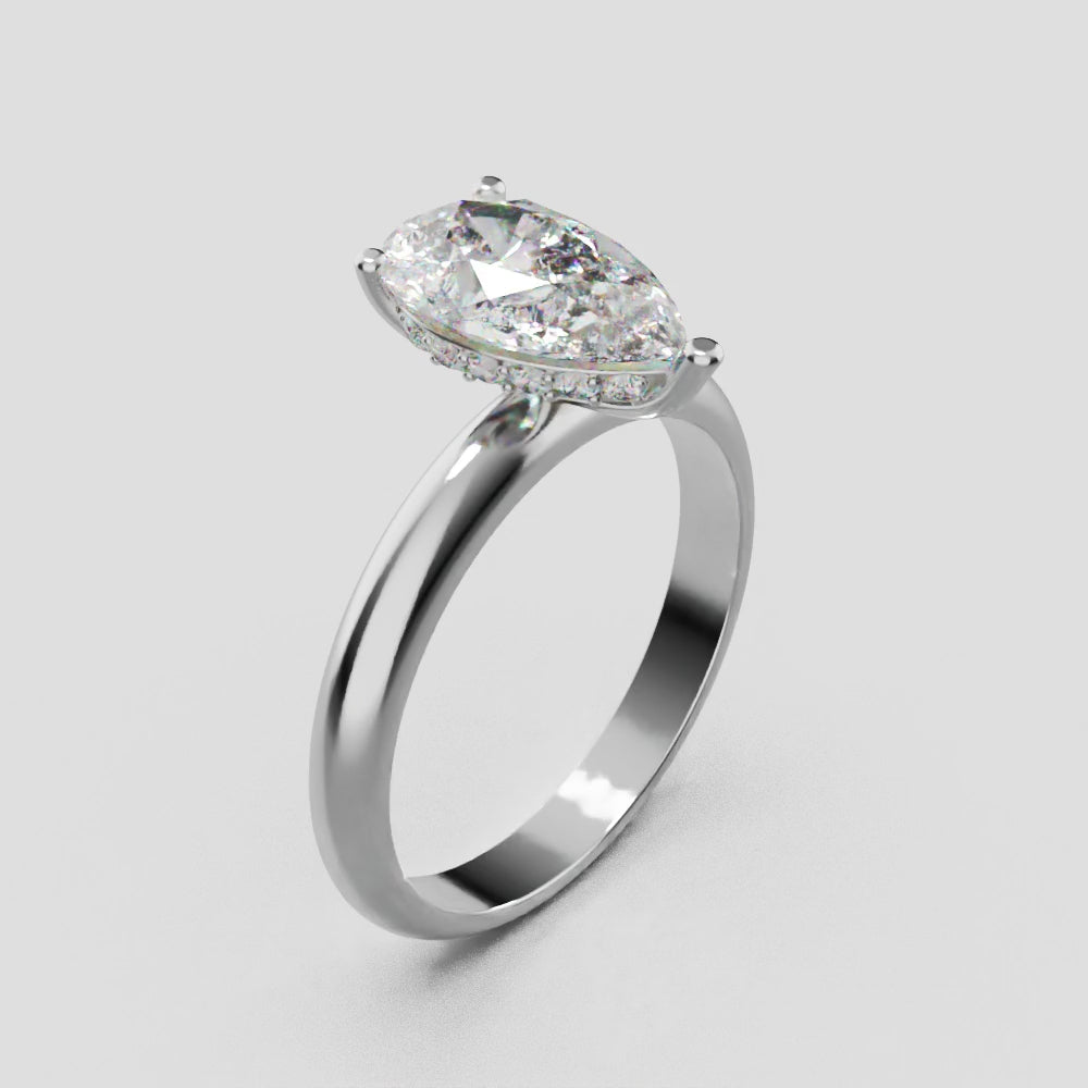 Riparo, 1.5ct pear lab grown diamond engagement ring, Plain Sides, Hidden Halo, 18K white gold - turning