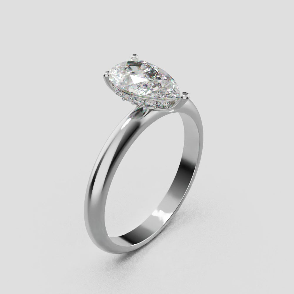 Riparo, 1ct pear lab grown diamond engagement ring, Plain Sides, Hidden Halo, 18K white gold - turning