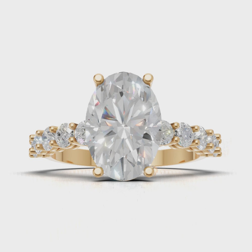 Rivo, 2ct oval lab grown diamond engagement ring, 2.5mm Side Stones, 18K yellow gold - turning